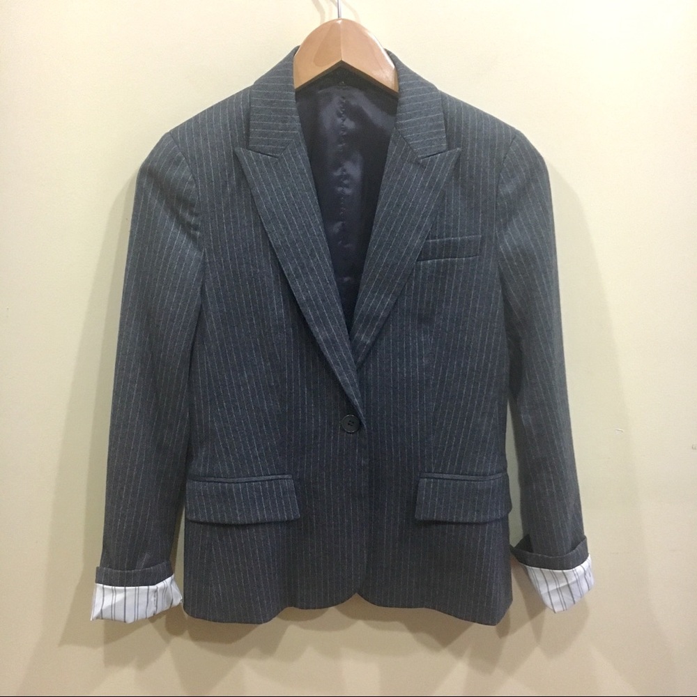Theory Gray One-button pinstripe wool blend blazer